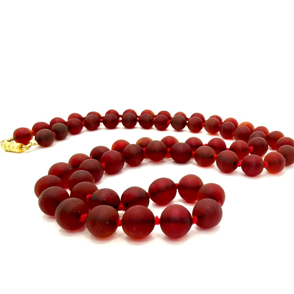 Vintage Handblown Amberina‎ Red Glass Bead Pearl Necklace Frosted Hand Knotted